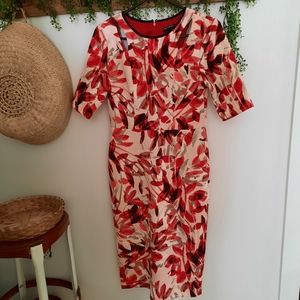 Maggy London Leaf Print Sheath Dress Cut Outs Womens Size 4 Red Office
